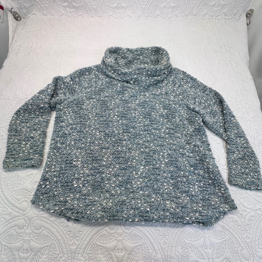 Ruby Rd Petite Cowl Neck Popcorn Knit Sweater Blue Marled PXL